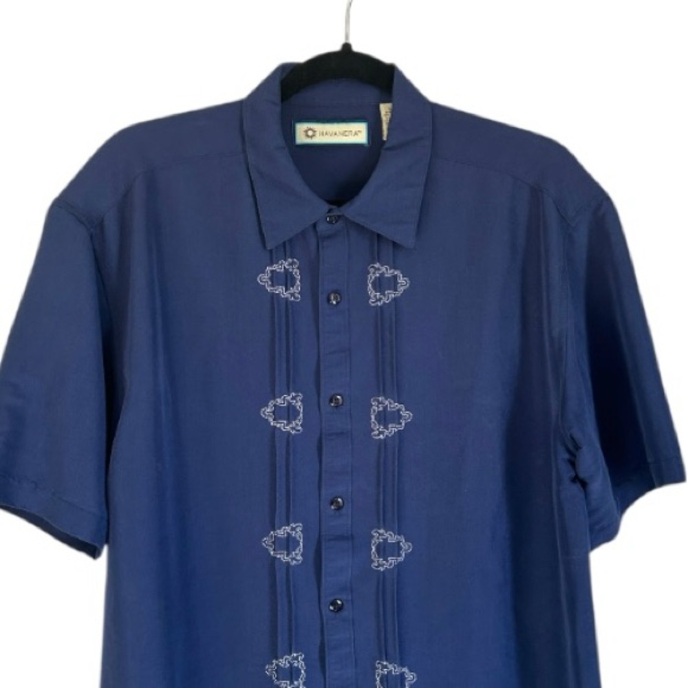 Havanera Guayabera Navy Blue Shirt Vertical White Embroidery Design Short Sleeve